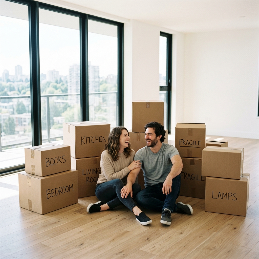 Casal feliz no apartamento novo