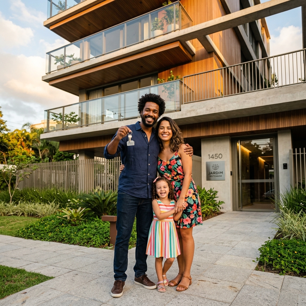 Família feliz na frente do novo lar